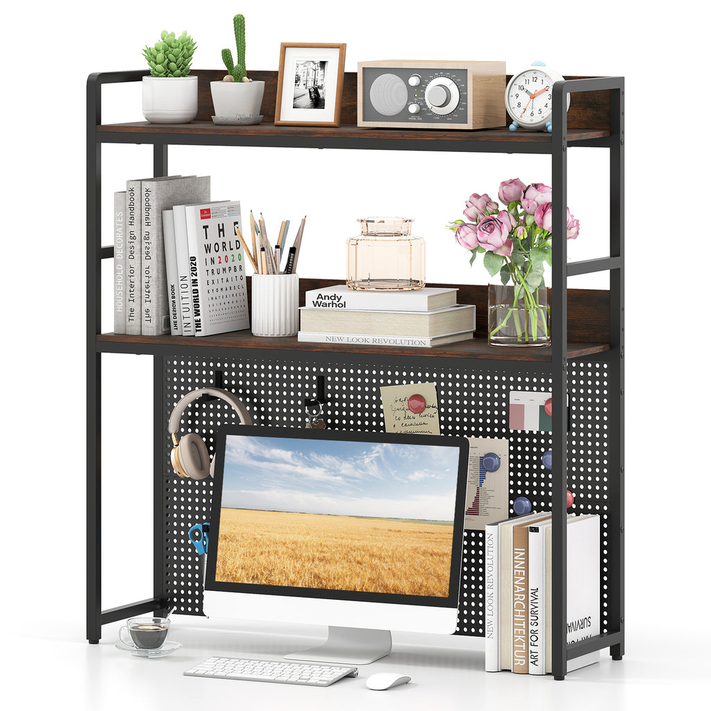Multipurpose 2-Tier Desktop Bookshelf with Pegboard for up to 32 Inch