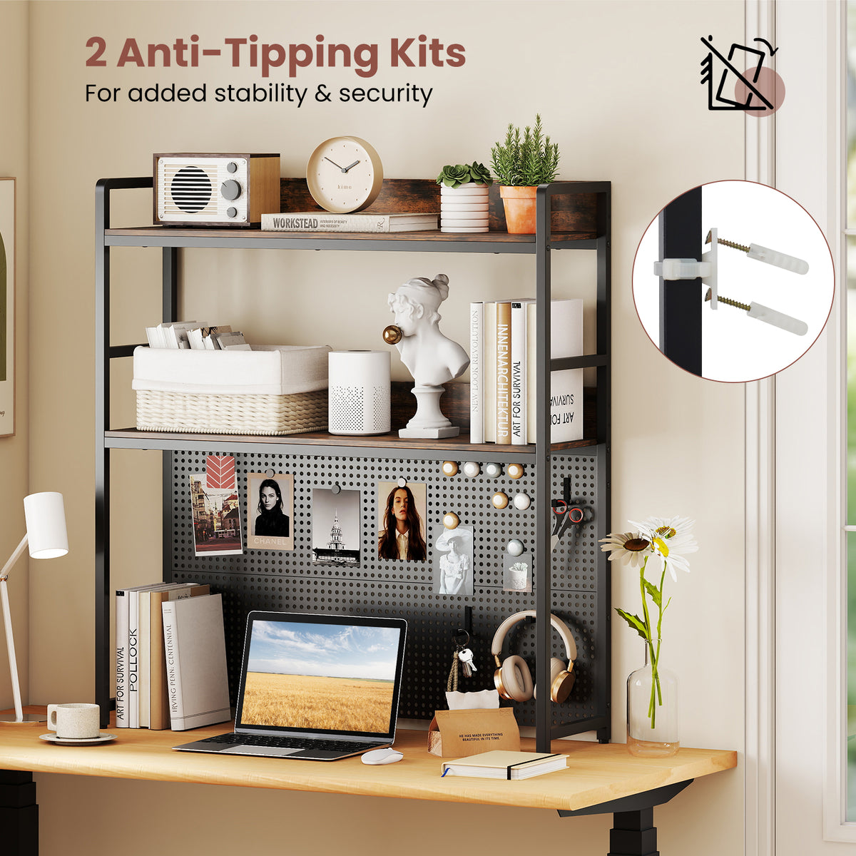 Multipurpose 2-Tier Desktop Bookshelf with Pegboard for up to 32 Inch