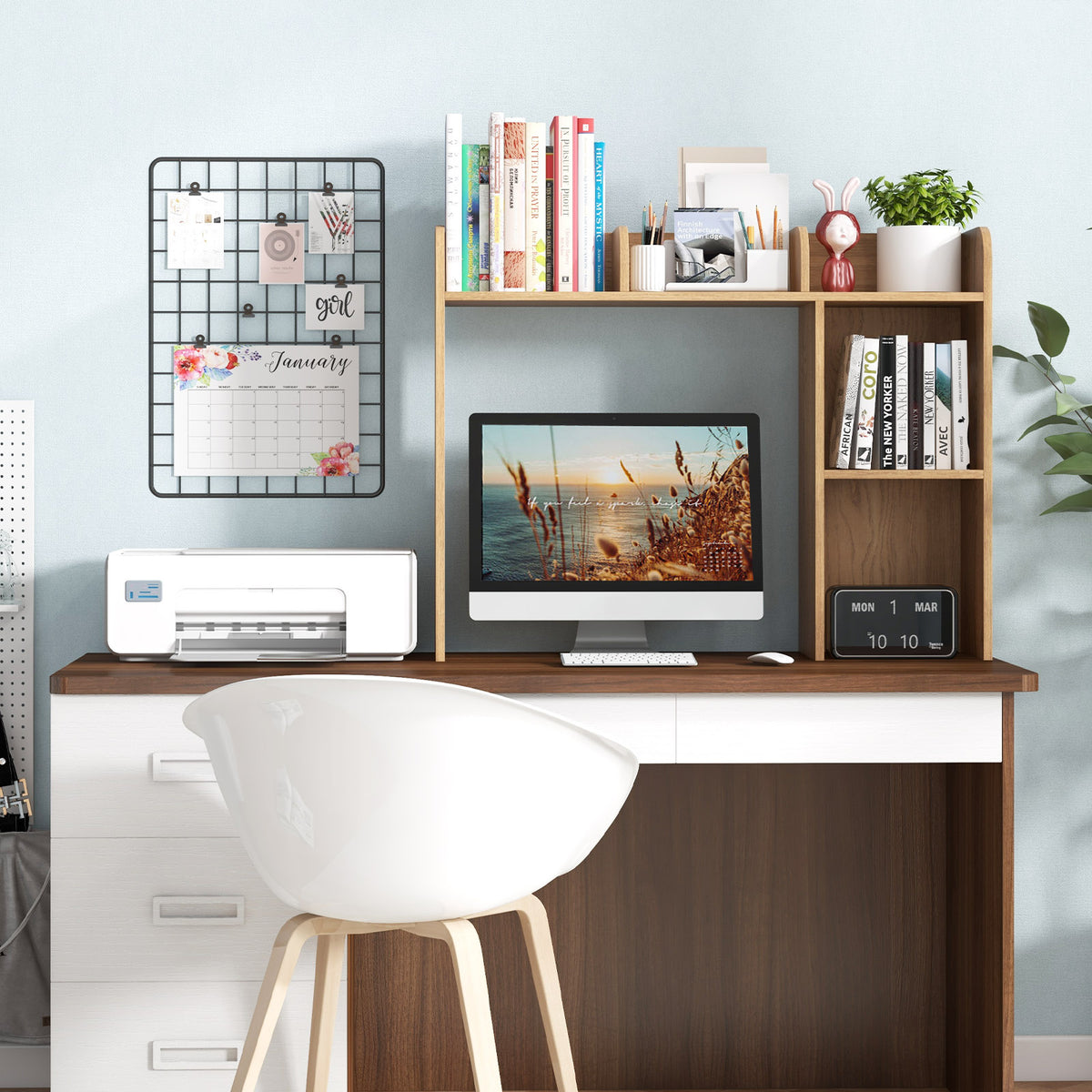3-Tier Desk Bookshelf with Monitor Stand - Natural