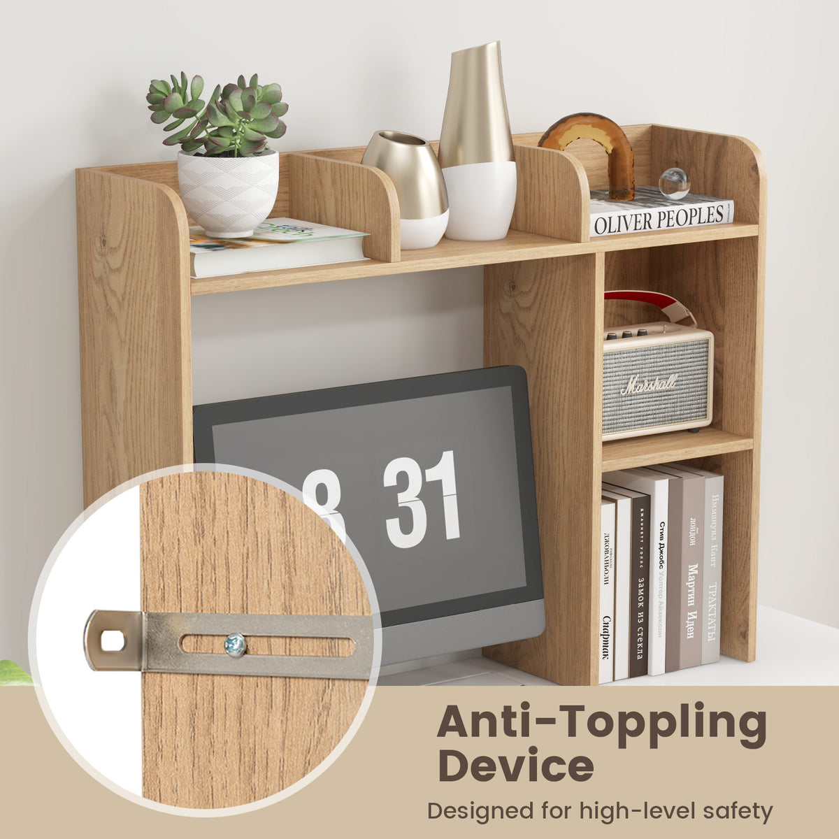 3-Tier Desk Bookshelf with Monitor Stand - Natural
