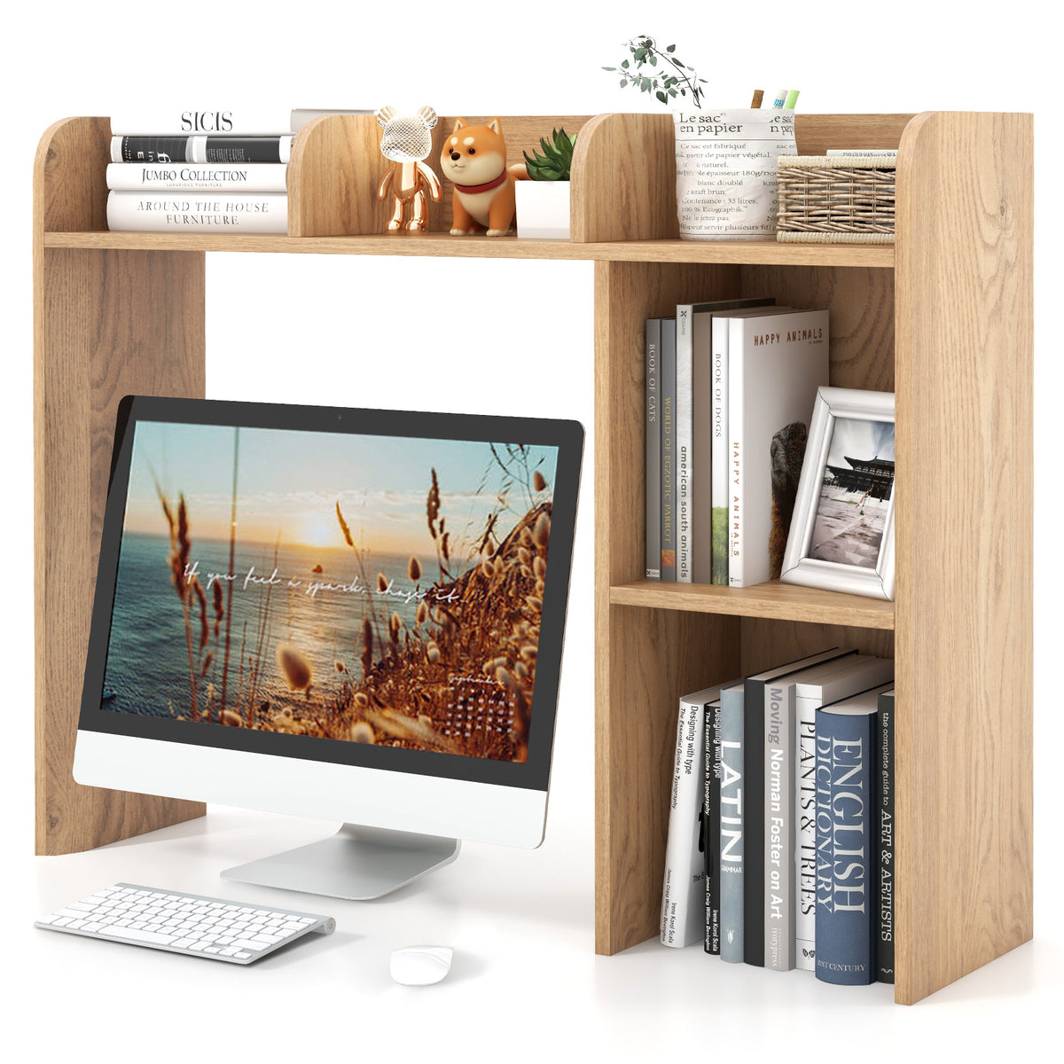 3-Tier Desk Bookshelf with Monitor Stand - Natural