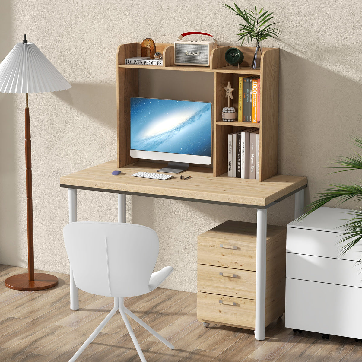 3-Tier Desk Bookshelf with Monitor Stand - Natural