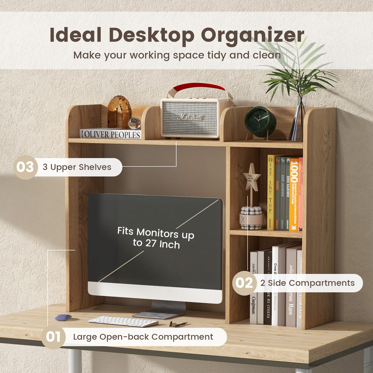 3-Tier Desk Bookshelf with Monitor Stand - Natural