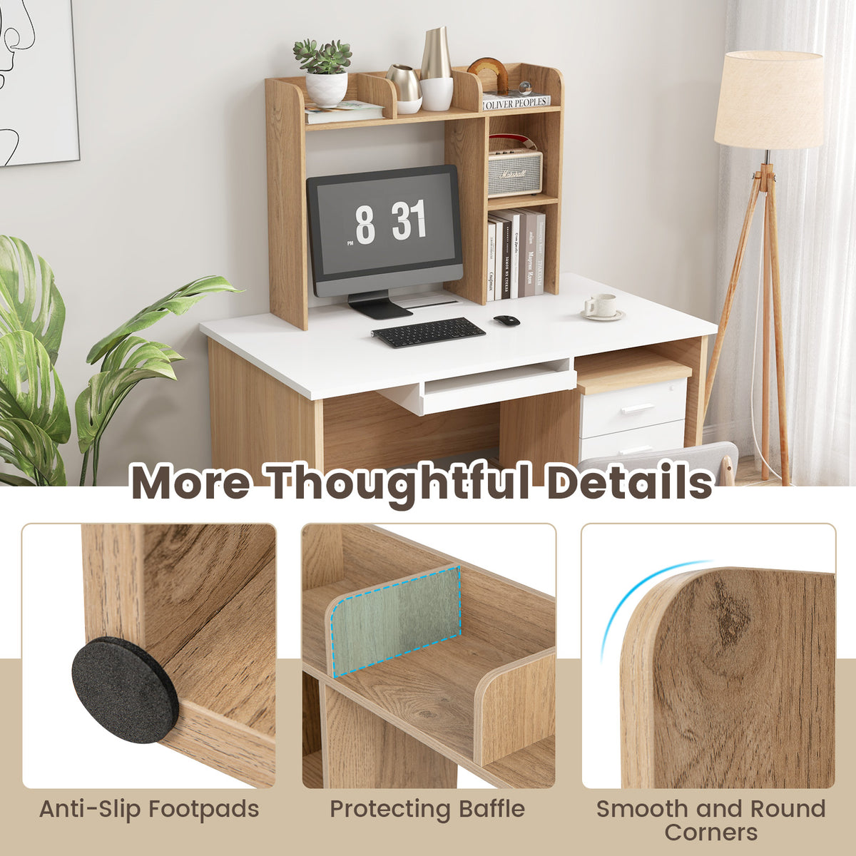 3-Tier Desk Bookshelf with Monitor Stand - Natural
