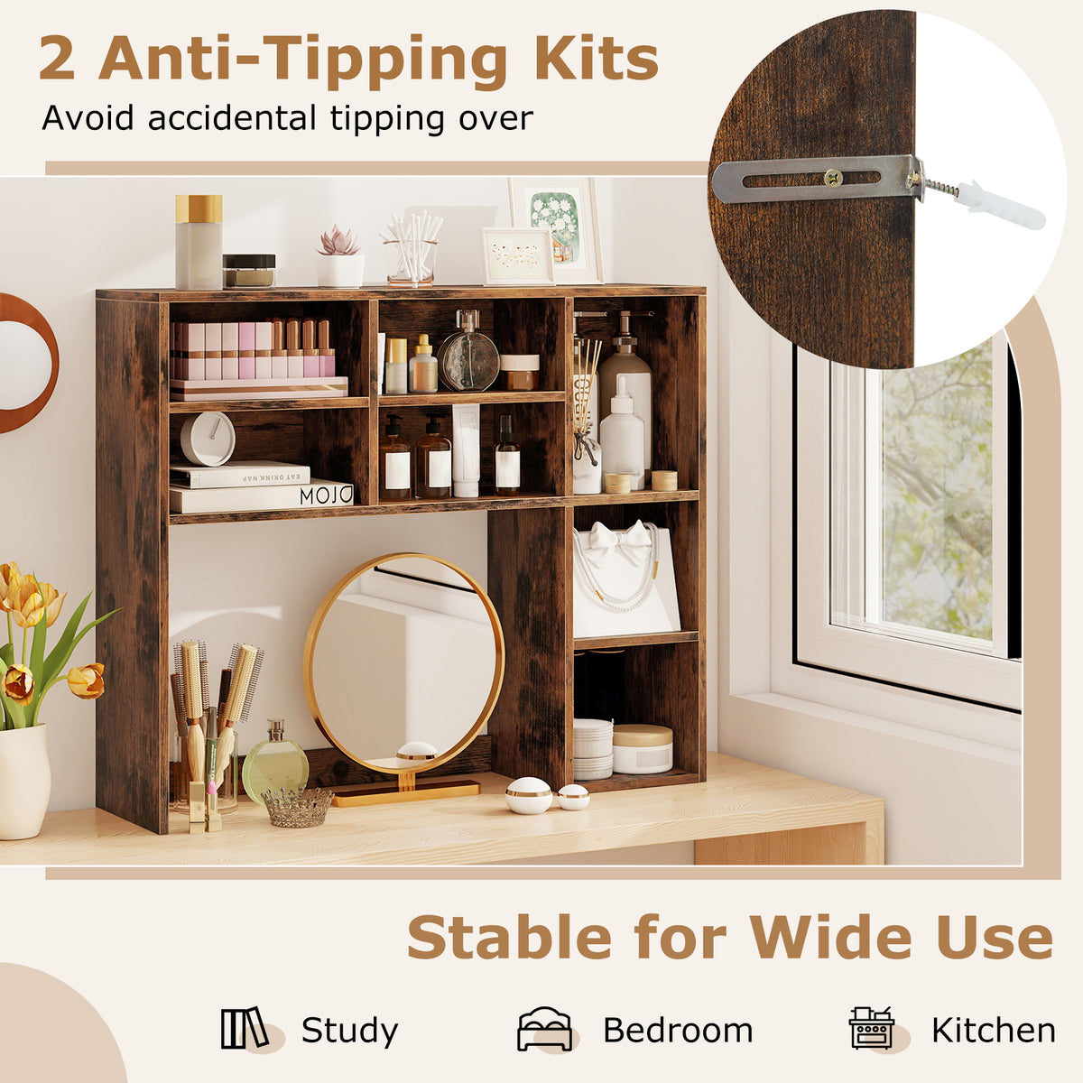 Desktop Bookshelf with 7 Open Cubbies and 3 Adjustable Shelves