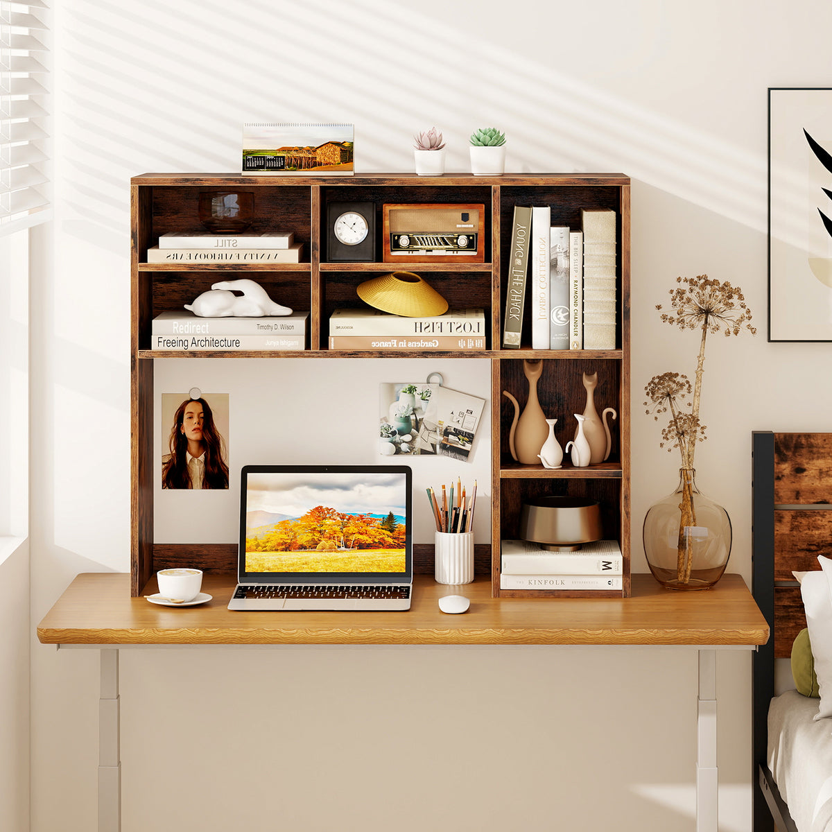 Desktop Bookshelf with 7 Open Cubbies and 3 Adjustable Shelves