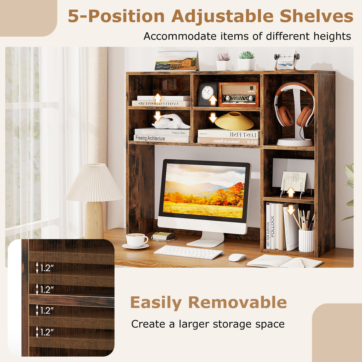 Desktop Bookshelf with 7 Open Cubbies and 3 Adjustable Shelves