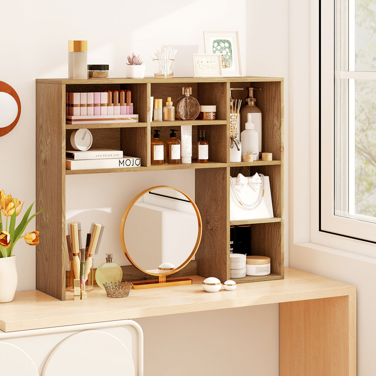 Desktop Bookshelf with 7 Open Cubbies and 3 Adjustable Shelves