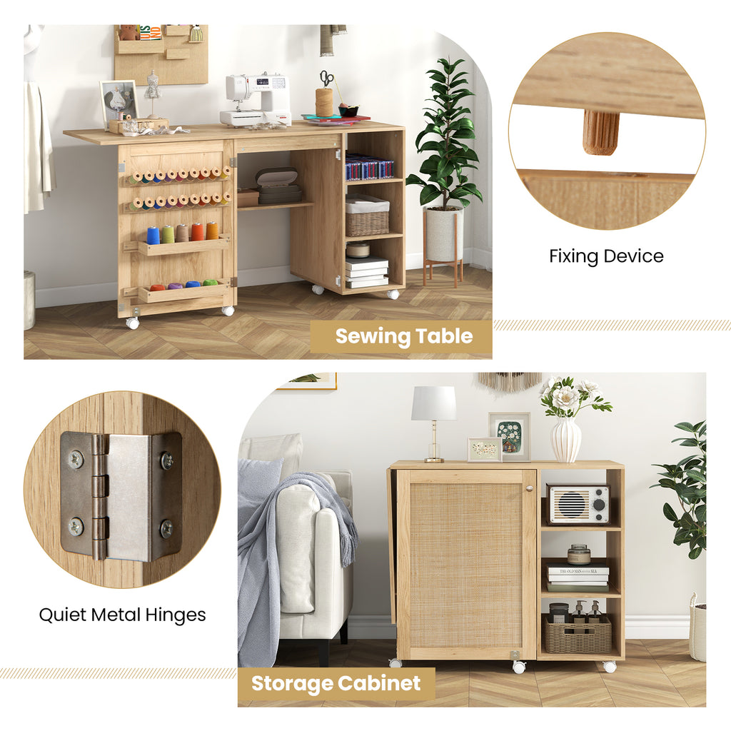 Multipurpose Folding Sewing Table Craft Station with Rattan Door