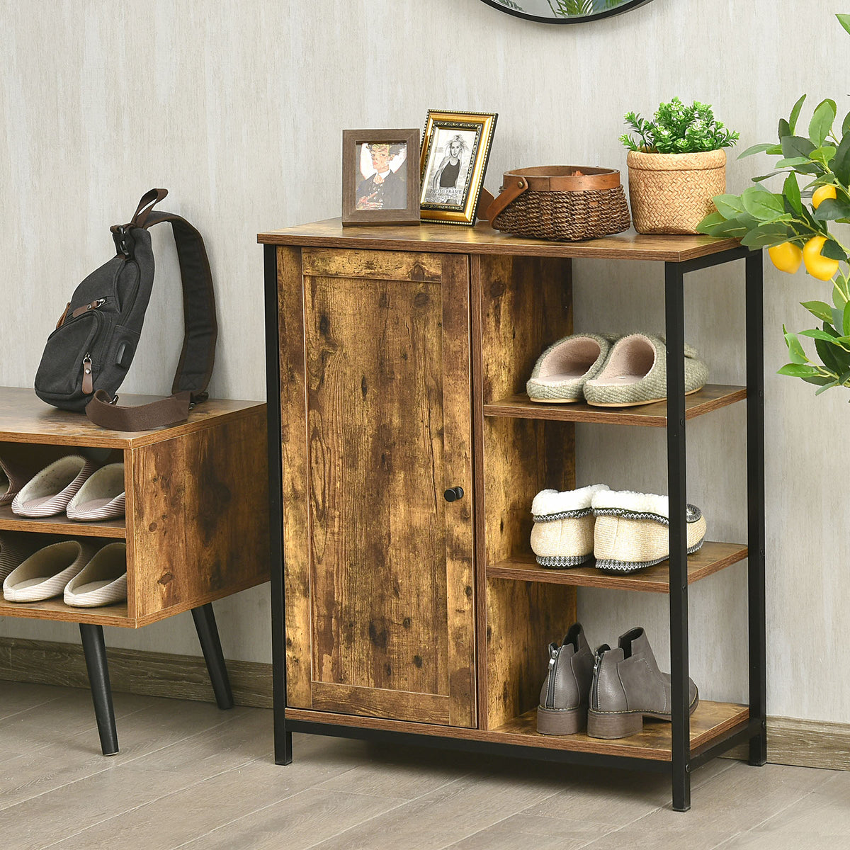 Freestanding Storage Cabinet with 3 Open Shelves and Door