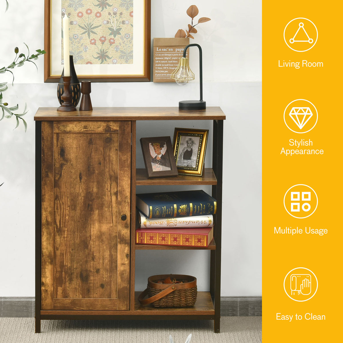 Freestanding Storage Cabinet with 3 Open Shelves and Door