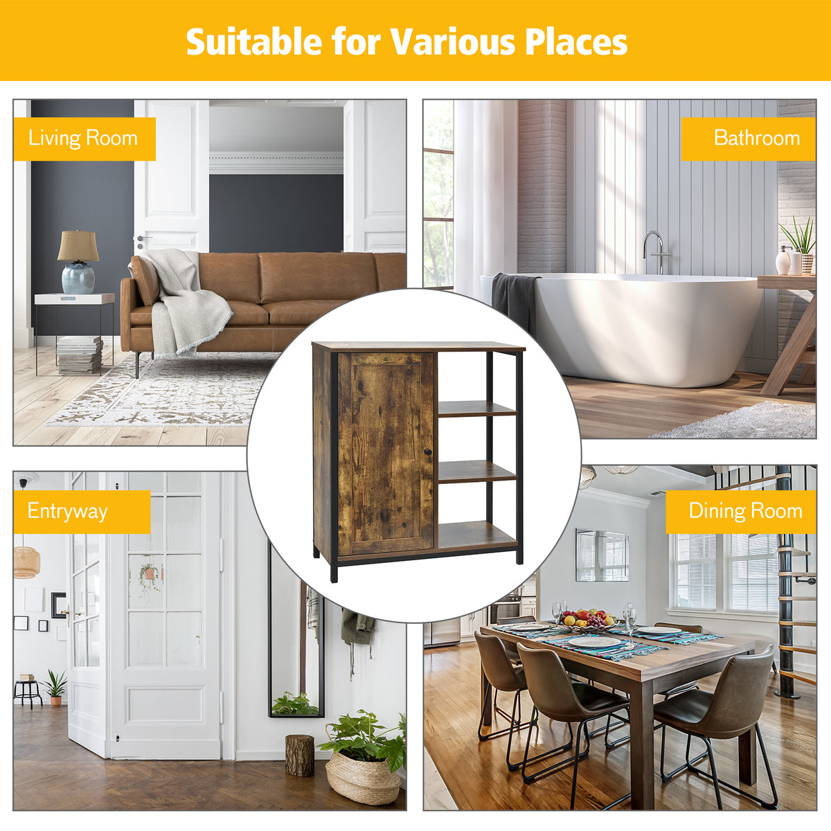 Freestanding Storage Cabinet with 3 Open Shelves and Door