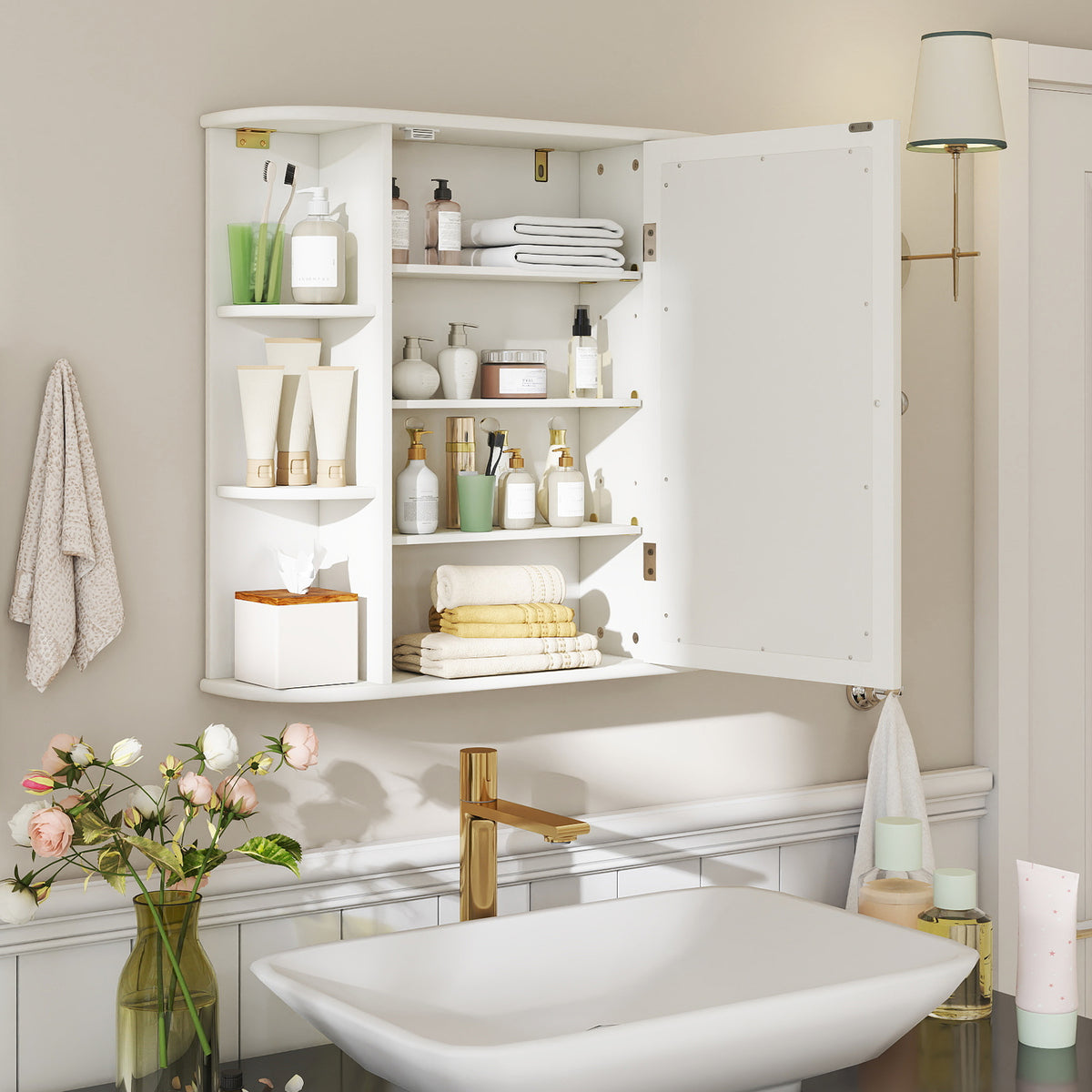 Wall-Mounted Bathroom Mirror Cabinet with Storage Shelves