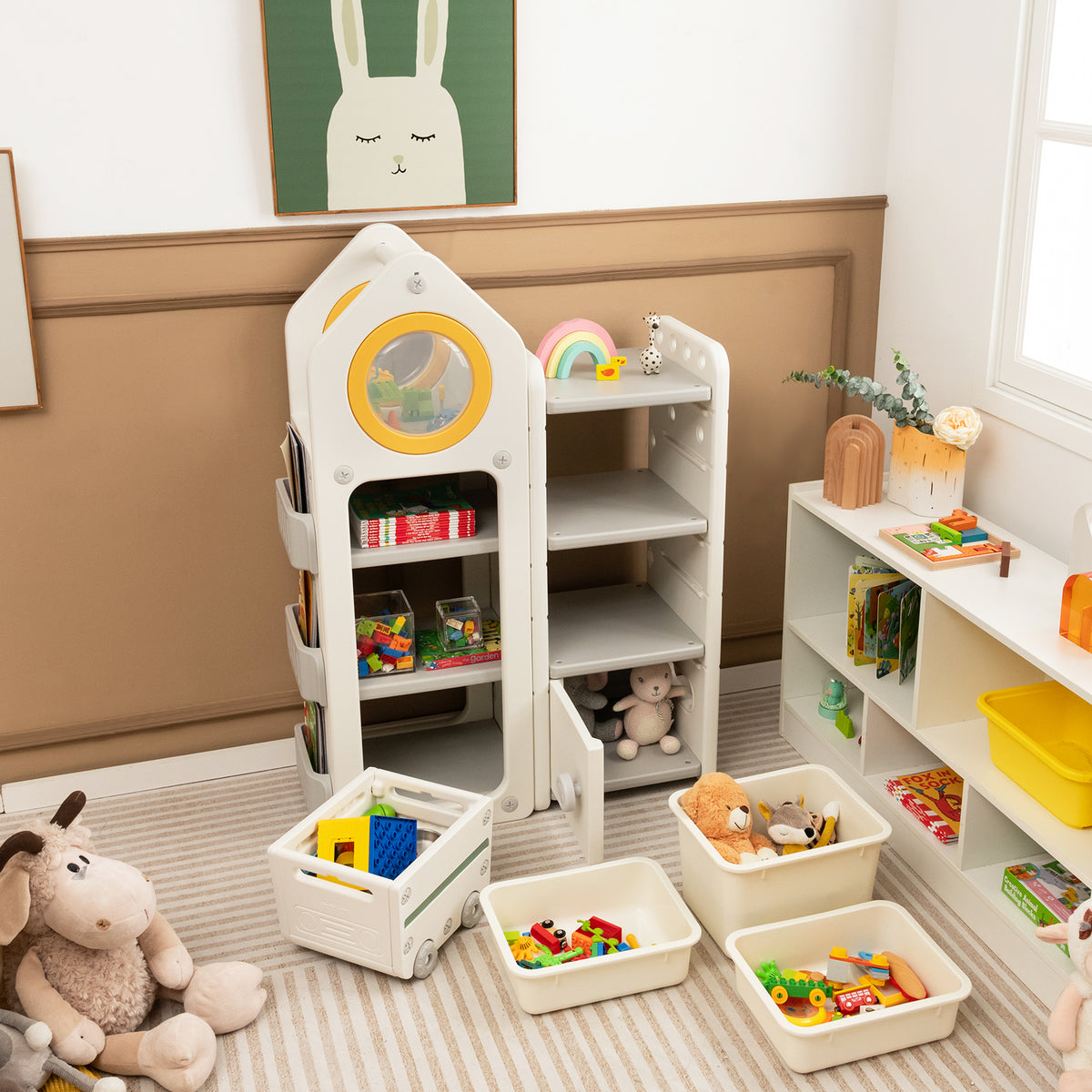 Gray Multipurpose Toy Chest and Bookshelf with Mobile Trolley for Kids Bedroom