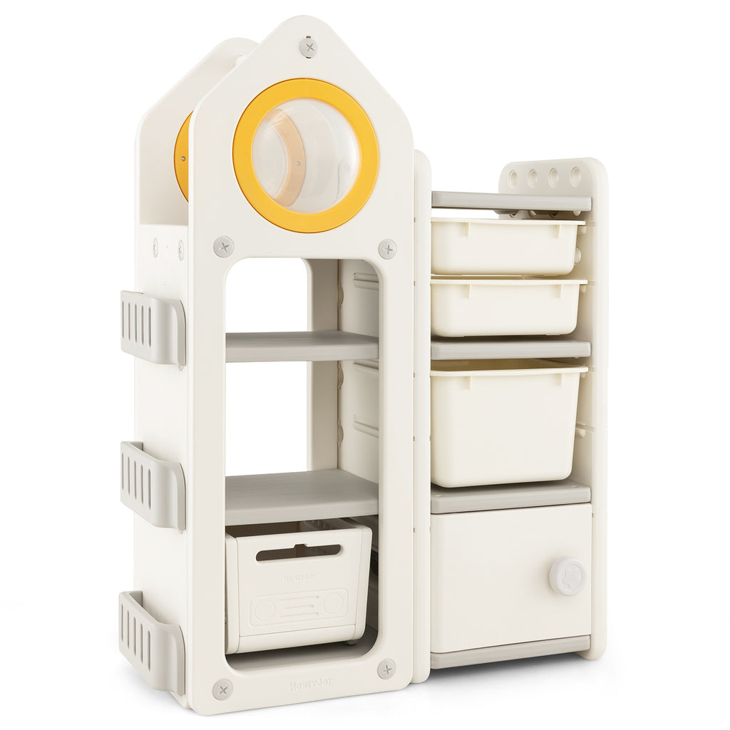 Gray Multipurpose Toy Chest and Bookshelf with Mobile Trolley for Kids Bedroom