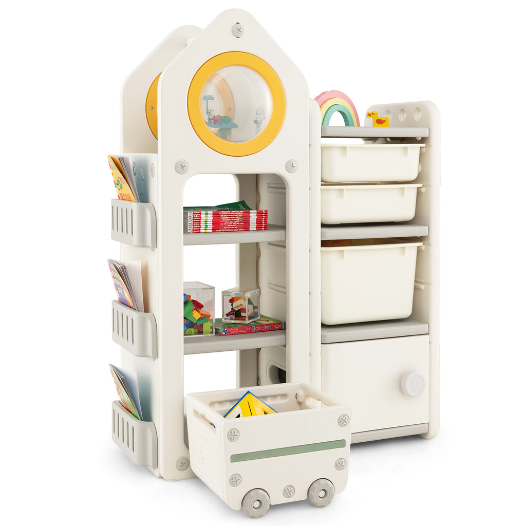 Gray Multipurpose Toy Chest and Bookshelf with Mobile Trolley for Kids Bedroom