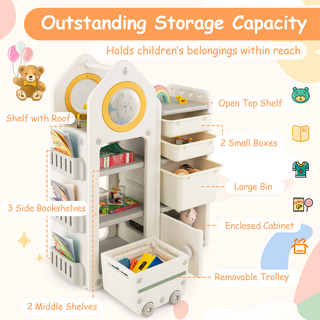 Gray Multipurpose Toy Chest and Bookshelf with Mobile Trolley for Kids Bedroom