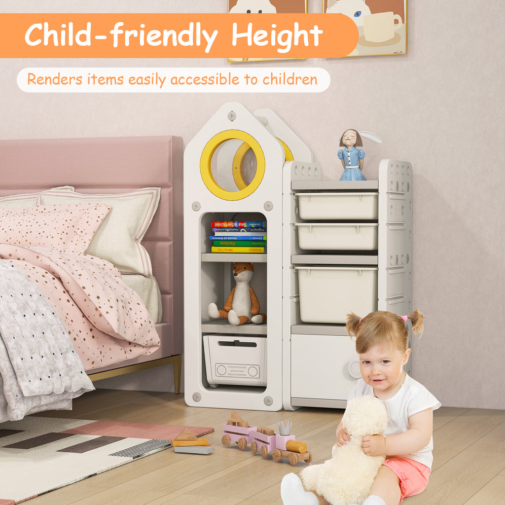 Gray Multipurpose Toy Chest and Bookshelf with Mobile Trolley for Kids Bedroom