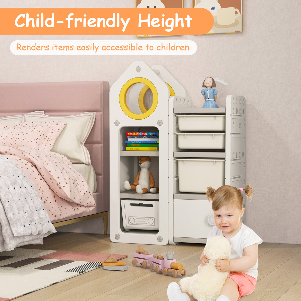 Gray Multipurpose Toy Chest and Bookshelf with Mobile Trolley for Kids Bedroom