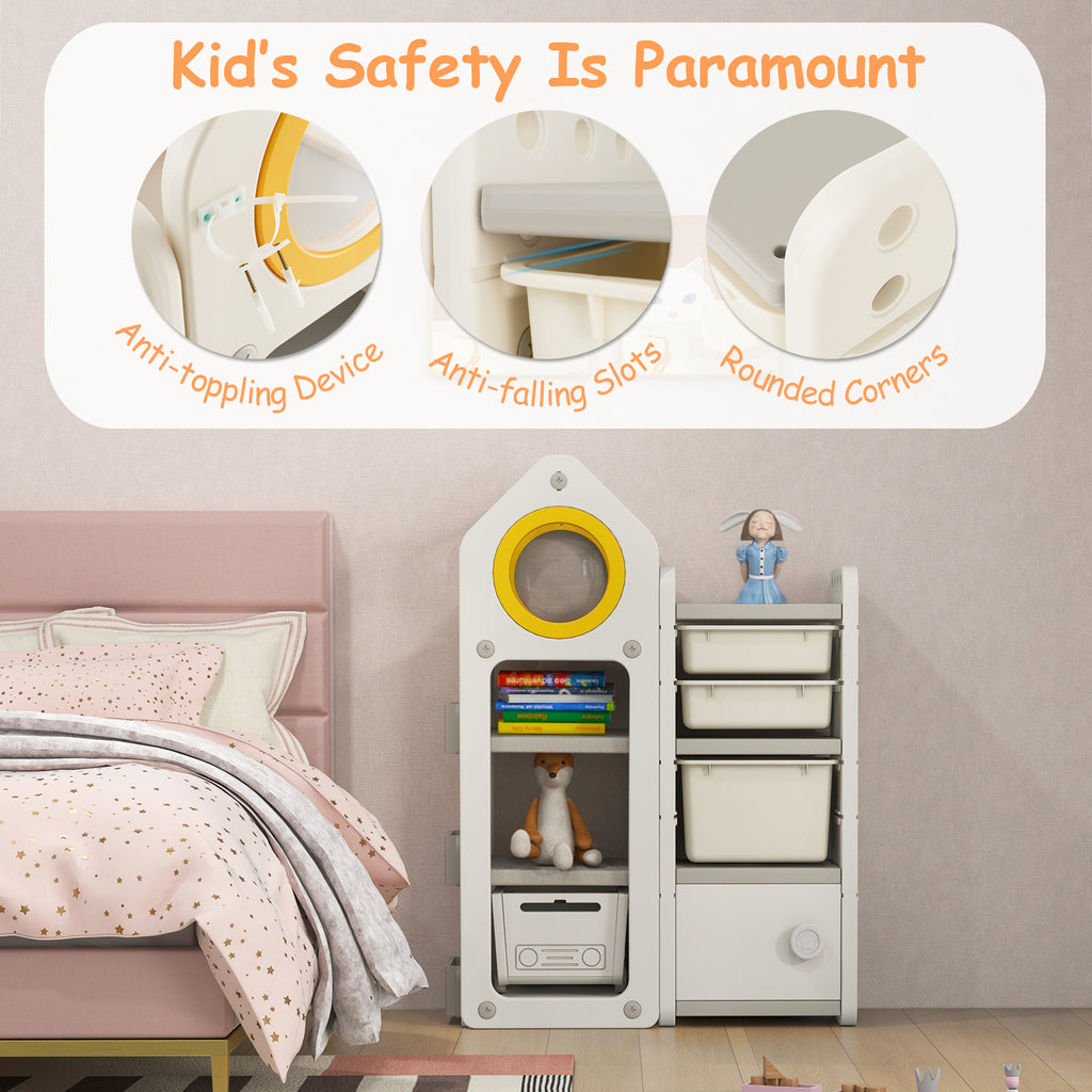 Gray Multipurpose Toy Chest and Bookshelf with Mobile Trolley for Kids Bedroom