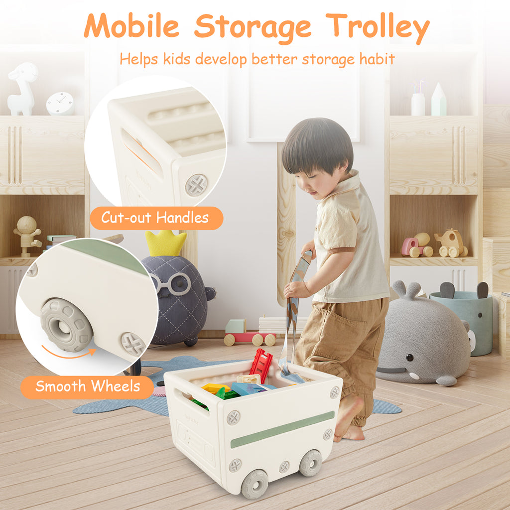 Gray Multipurpose Toy Chest and Bookshelf with Mobile Trolley for Kids Bedroom