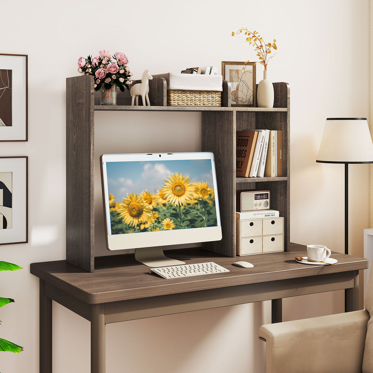 3-Tier Oak Desk Bookshelf with Monitor Stand