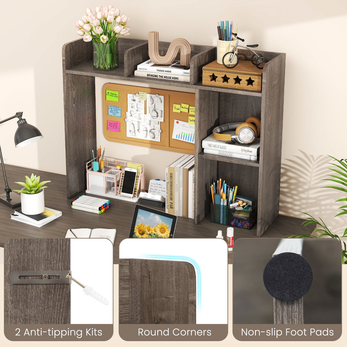 3-Tier Oak Desk Bookshelf with Monitor Stand