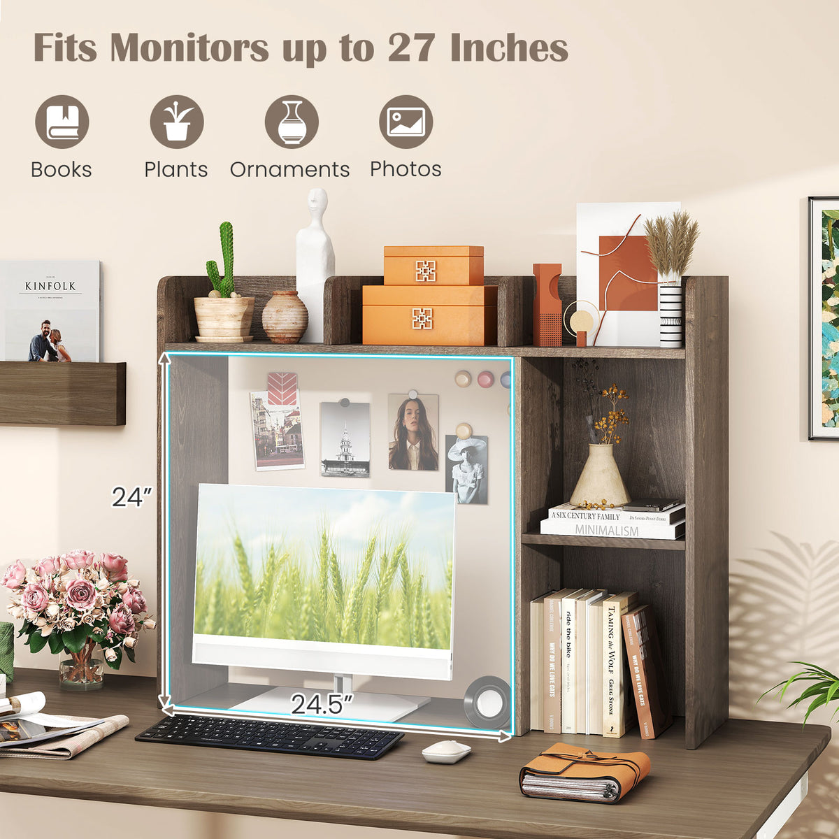 3-Tier Oak Desk Bookshelf with Monitor Stand