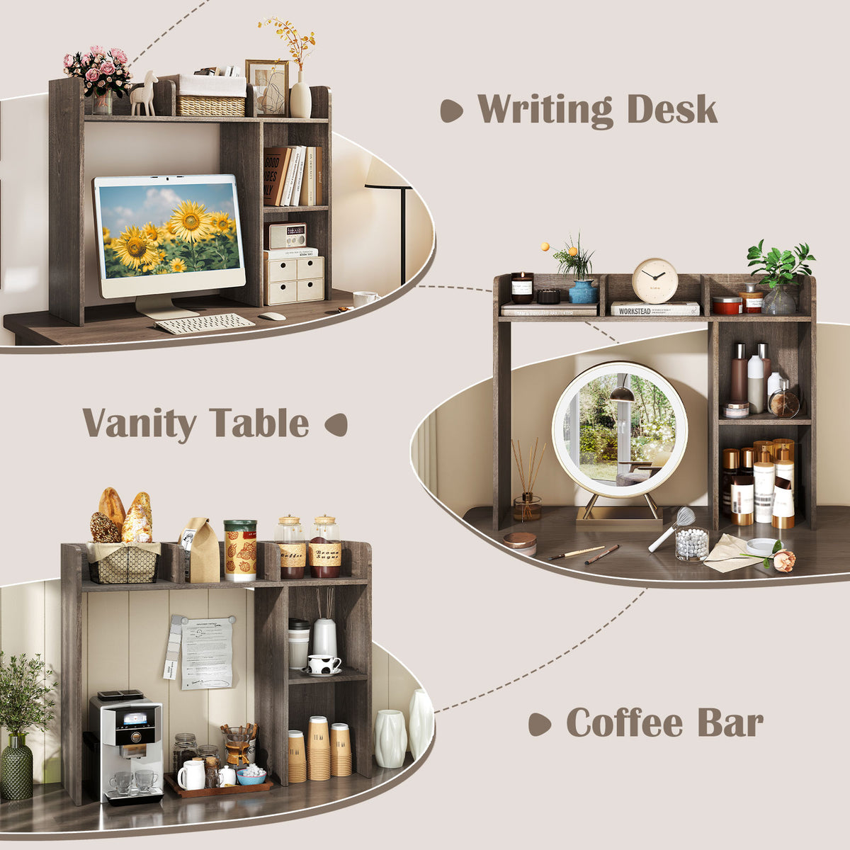 3-Tier Oak Desk Bookshelf with Monitor Stand