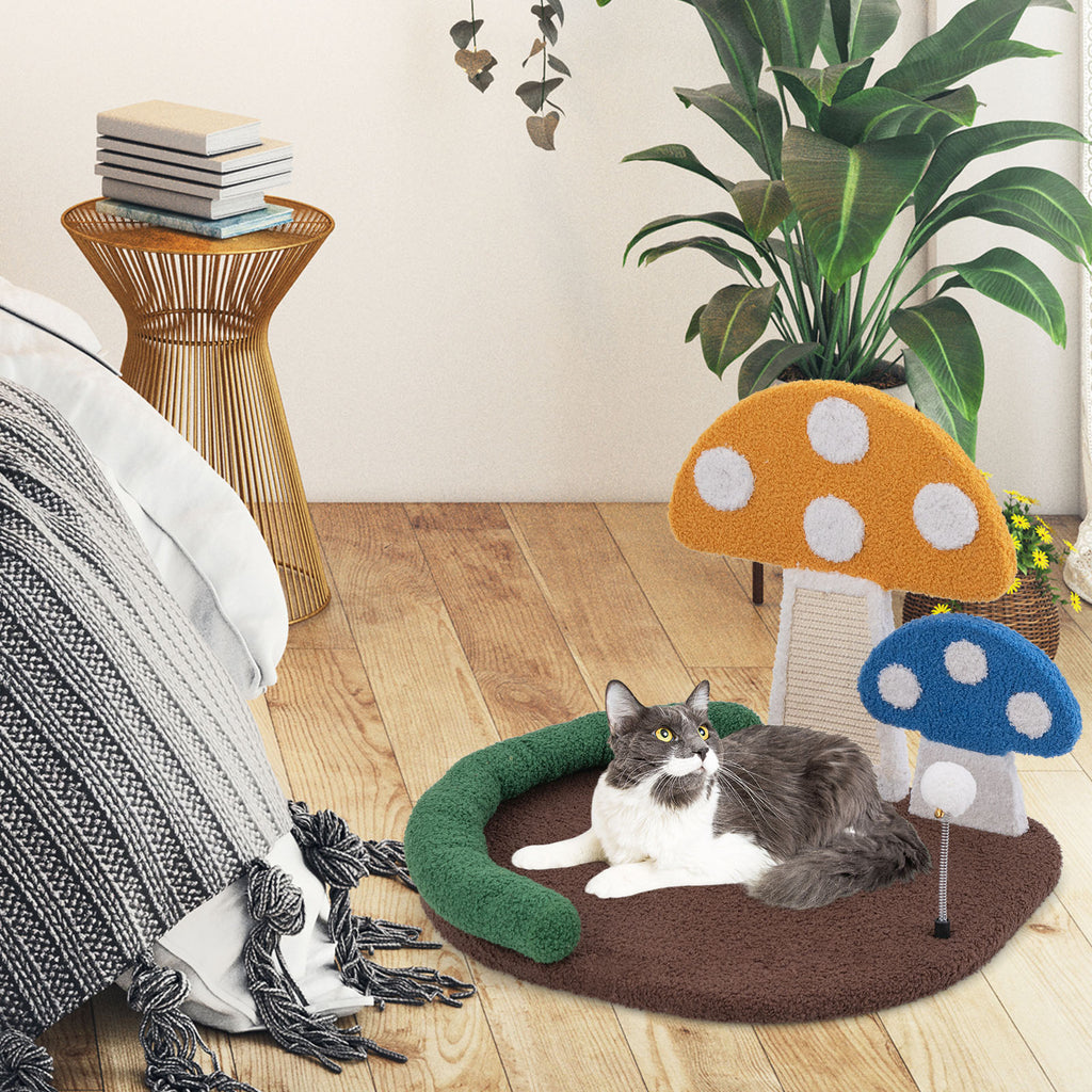 Multicolor Mushroom Cat Bed with Claw Scratcher & Swinging Ball - Costway