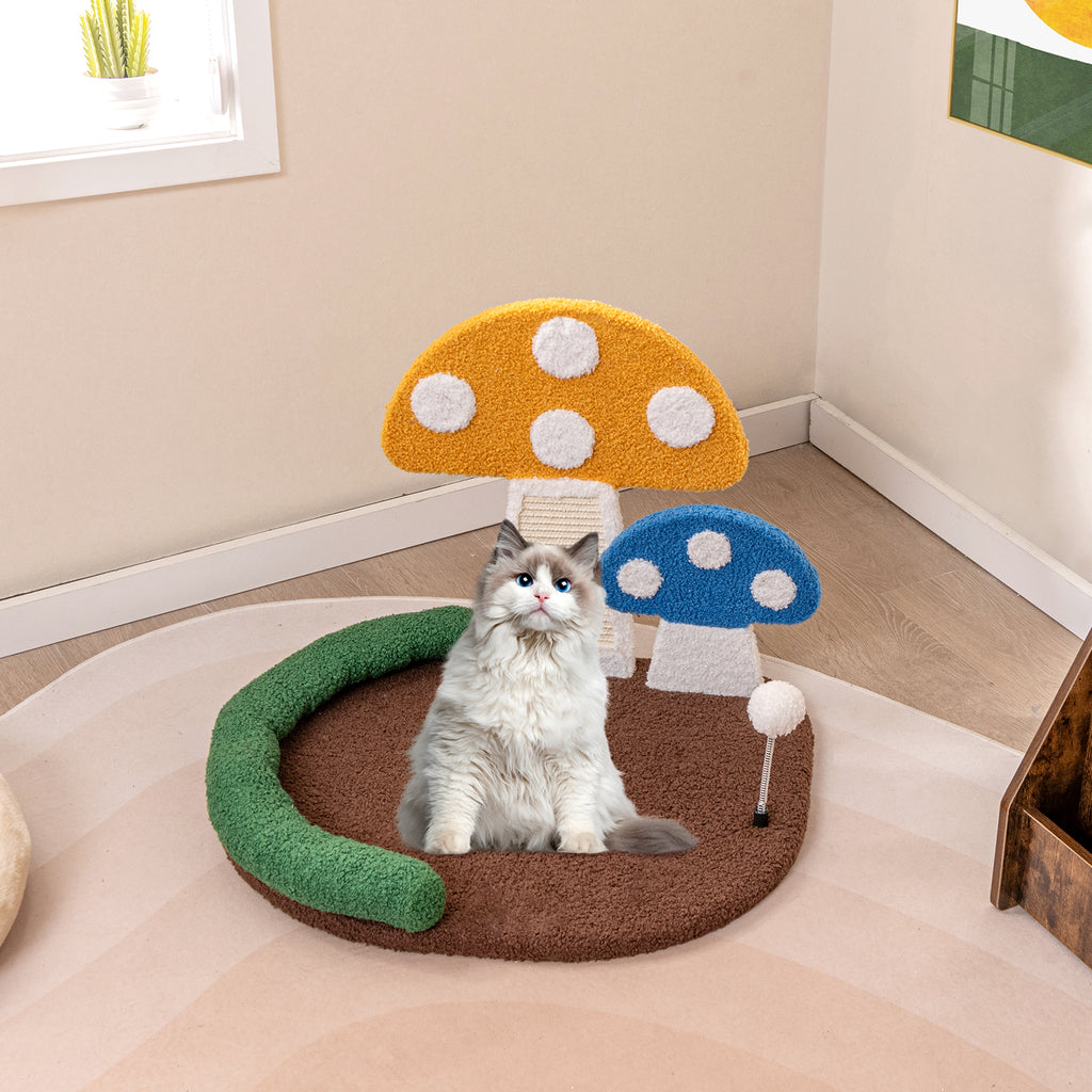 Multicolor Mushroom Cat Bed with Claw Scratcher & Swinging Ball - Costway