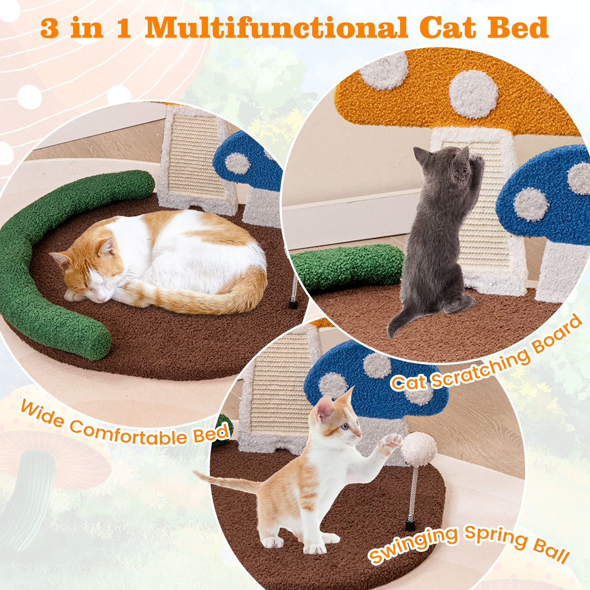 Multicolor Mushroom Cat Bed with Claw Scratcher & Swinging Ball - Costway