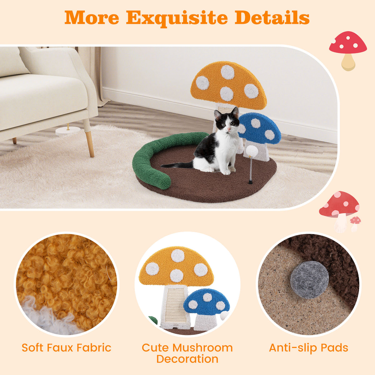 Multicolor Mushroom Cat Bed with Claw Scratcher & Swinging Ball - Costway