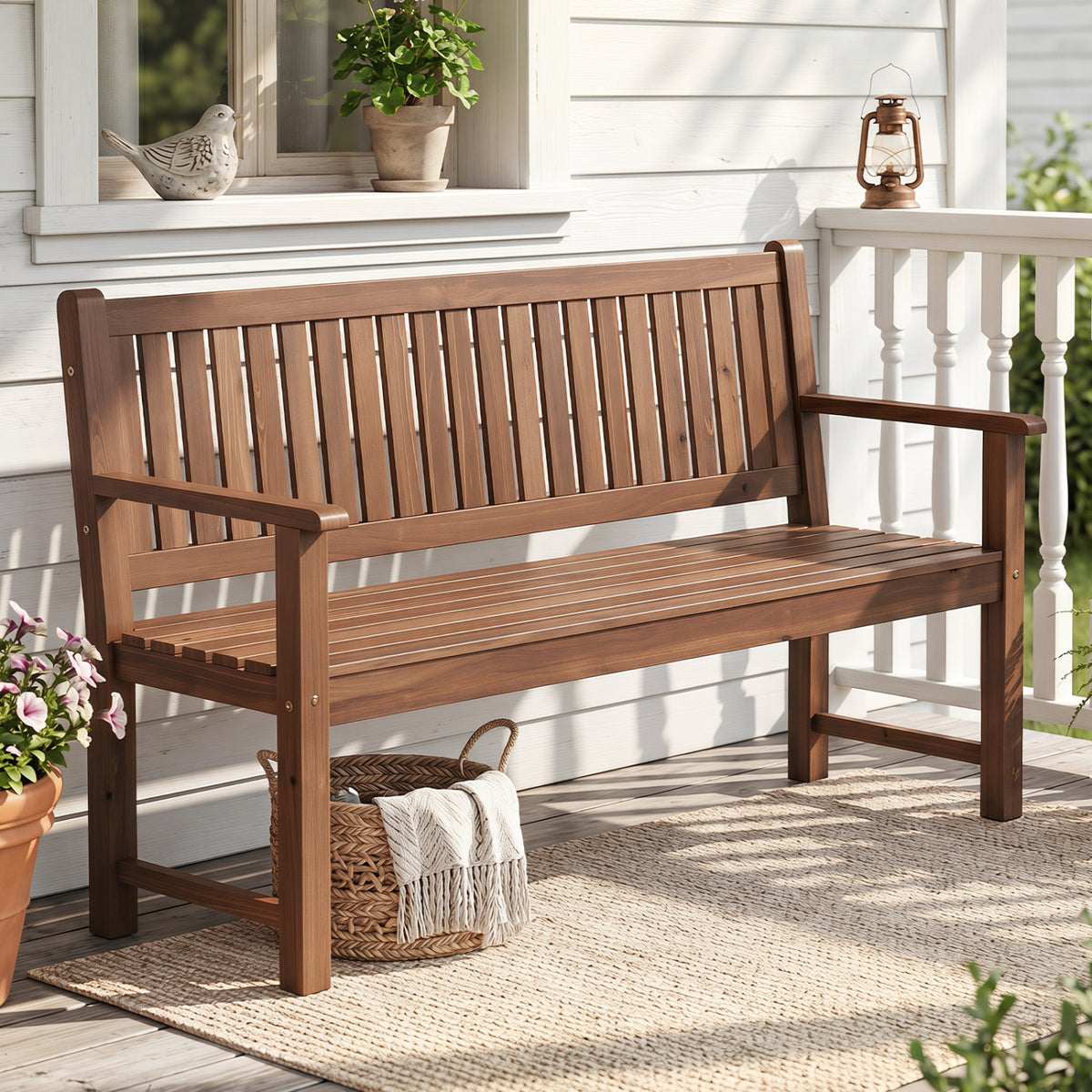 3-Seater Outdoor Wooden Bench 59 inch Large Garden with Backrest