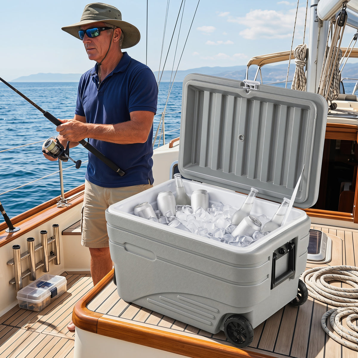 103 Quart Outdoor Portable Wheeled Ice Cooler with Foldable Pull and