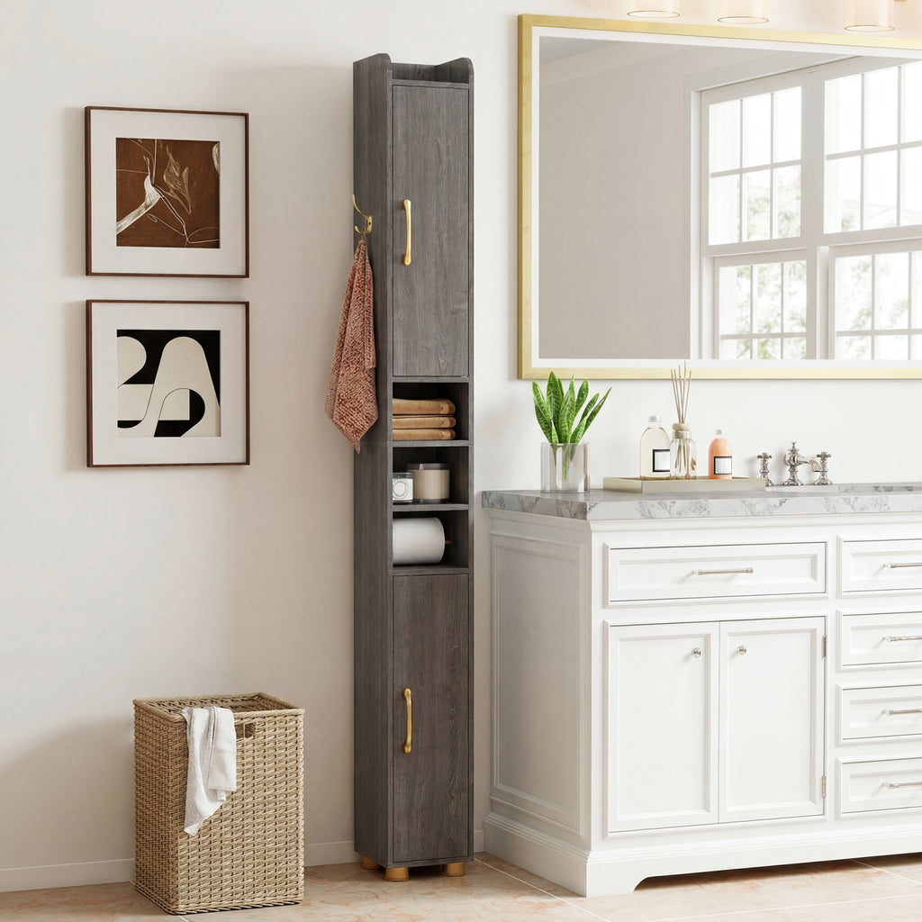 Tall Bathroom Storage Cabinet with Open Shelves - 69.5 Inch H, Gray