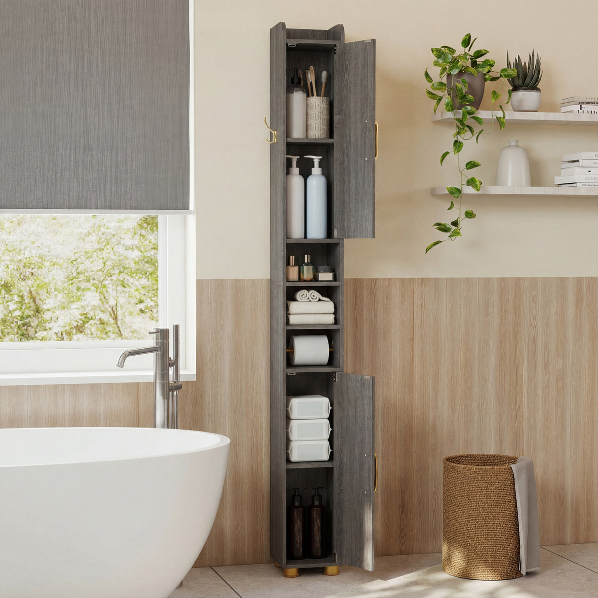 Tall Bathroom Storage Cabinet with Open Shelves - 69.5 Inch H, Gray