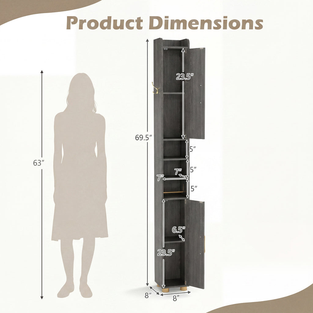 Tall Bathroom Storage Cabinet with Open Shelves - 69.5 Inch H, Gray