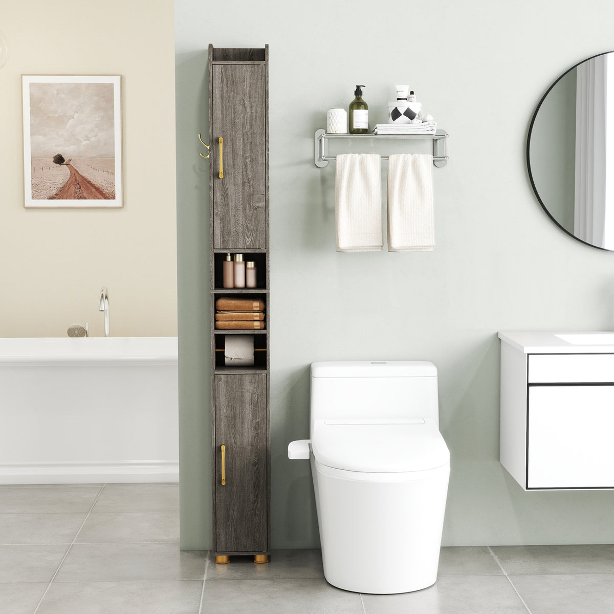 Tall Bathroom Storage Cabinet with Open Shelves - 69.5 Inch H, Gray