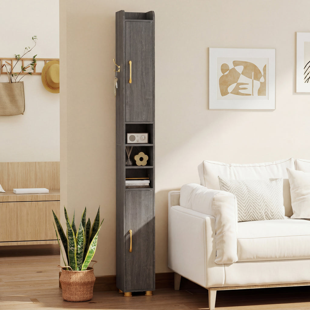 Tall Bathroom Storage Cabinet with Open Shelves - 69.5 Inch H, Gray