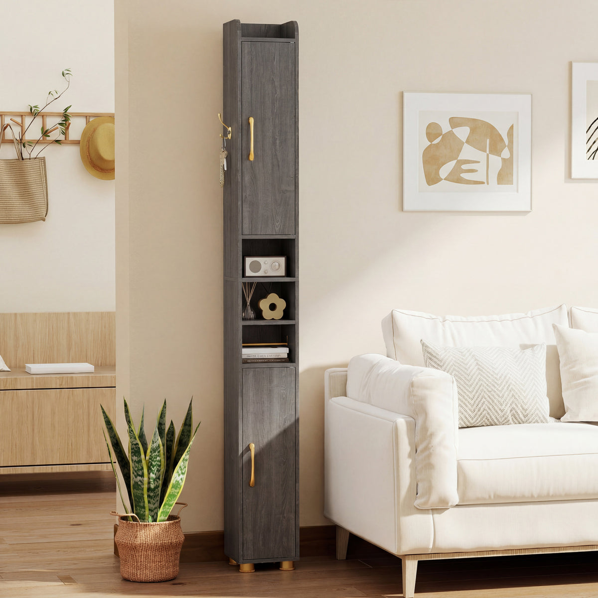 Tall Bathroom Storage Cabinet with Open Shelves - 69.5 Inch H, Gray