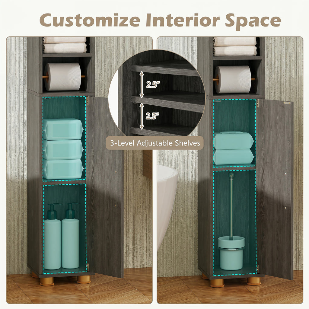 Tall Bathroom Storage Cabinet with Open Shelves - 69.5 Inch H, Gray