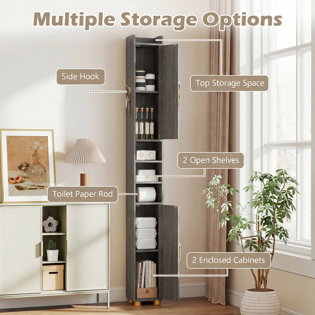 Tall Bathroom Storage Cabinet with Open Shelves - 69.5 Inch H, Gray