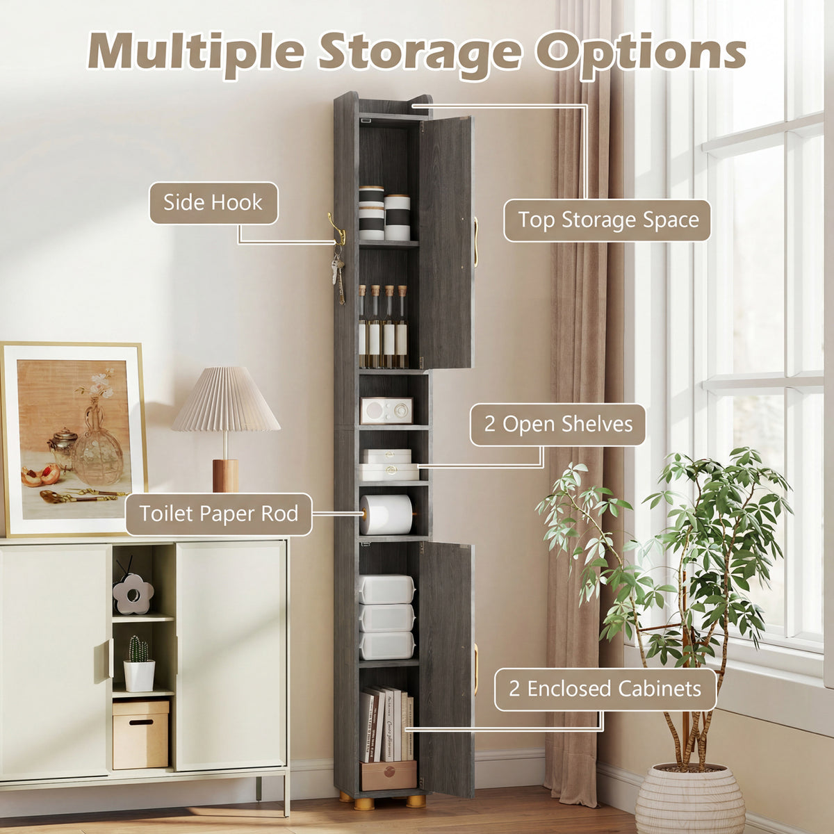 Tall Bathroom Storage Cabinet with Open Shelves - 69.5 Inch H, Gray