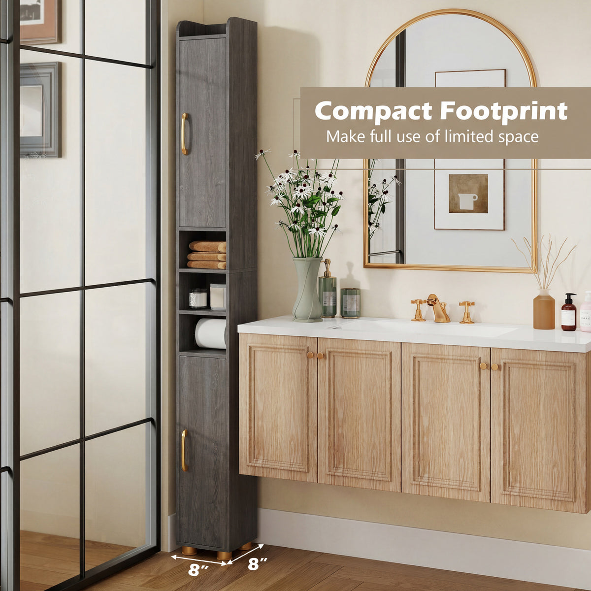 Tall Bathroom Storage Cabinet with Open Shelves - 69.5 Inch H, Gray