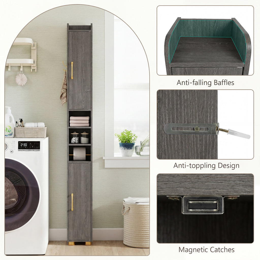 Tall Bathroom Storage Cabinet with Open Shelves - 69.5 Inch H, Gray