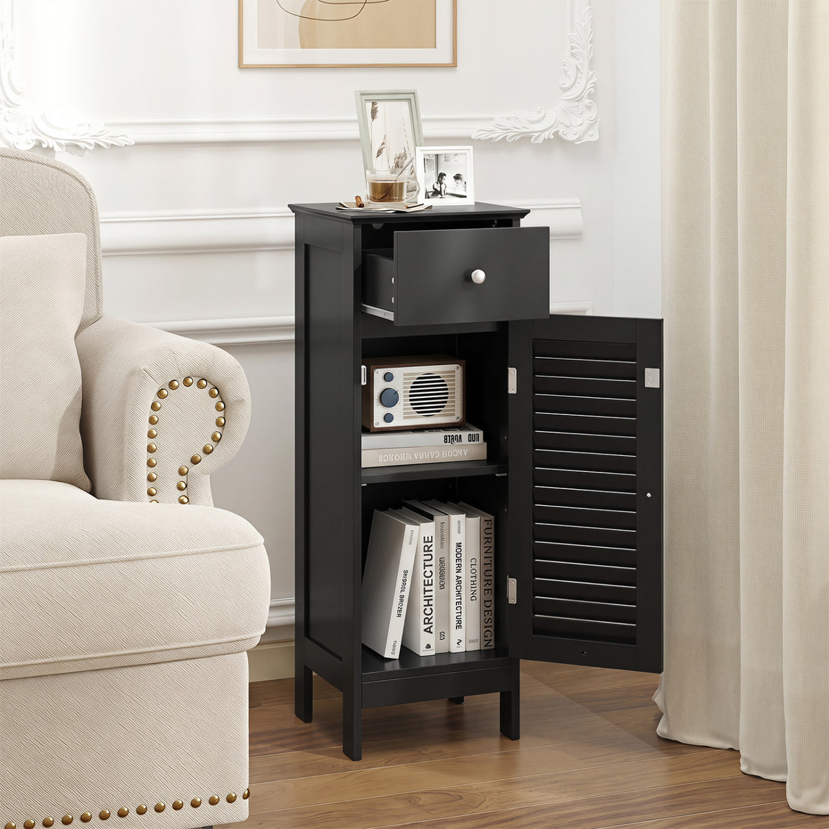 Narrow Bathroom Storage Cabinet with Drawer, Black