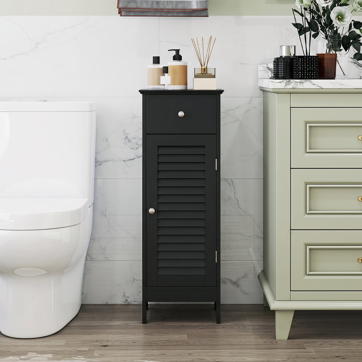 Narrow Bathroom Storage Cabinet with Drawer, Black