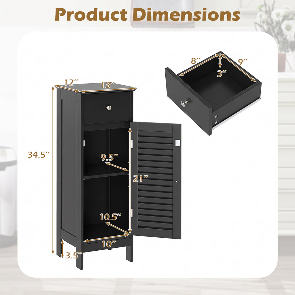 Narrow Bathroom Storage Cabinet with Drawer, Black