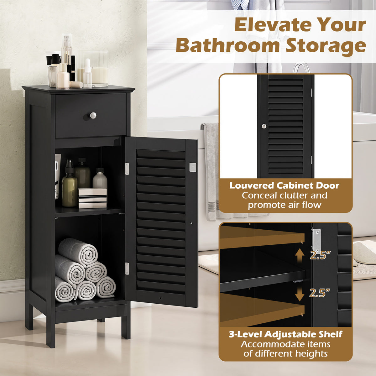 Narrow Bathroom Storage Cabinet with Drawer, Black